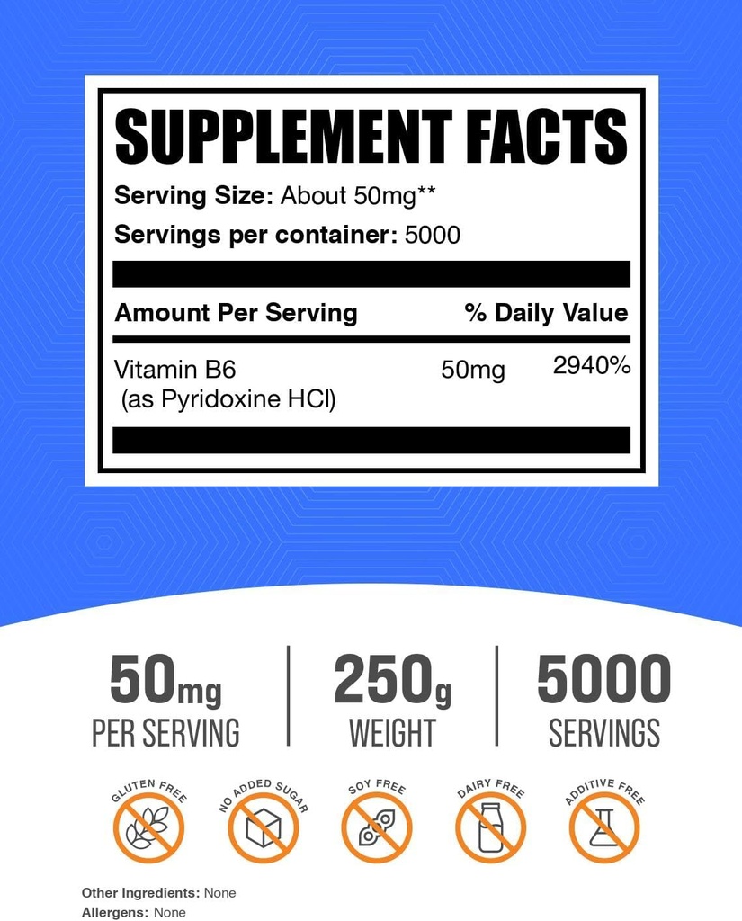 BulkSupplements.com Pyridoxine HCl Powder - Vitamin B6 Supplement, Vitamin Supplement - Gluten Free, 50mg of Pyridoxine B6 per Serving, 250g (8.8 oz) (Pack of 1) 3