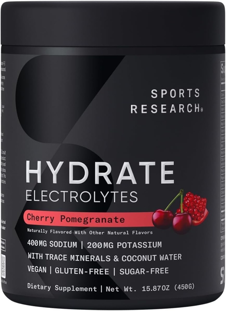 Sports Research® Hydrate Electrolytes Powder - Sugar-Free & Naturally Flavored with Vitamins, Minerals, and Coconut Water - Supports Hydration - Cherry Pomegranate - 90 Servings 5