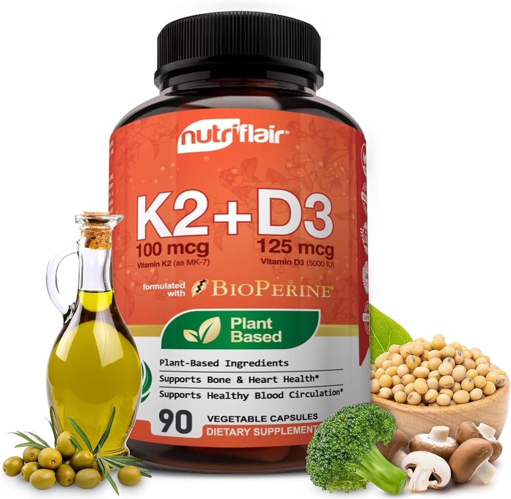 NutriFlair Vitamins D3 (5000iu/125mcg) + K2 (as Mk7) - Made with Plant-Based Ingredients Plus BioPerine Black Pepper Extract, 90 Capsules - Supports Healthy Immune, Heart and Health - Non-GMO Pills 2