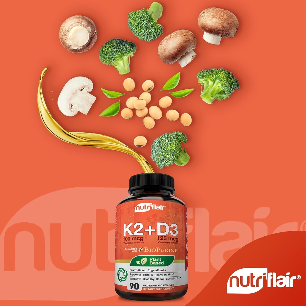 NutriFlair Vitamins D3 (5000iu/125mcg) + K2 (as Mk7) - Made with Plant-Based Ingredients Plus BioPerine Black Pepper Extract, 90 Capsules - Supports Healthy Immune, Heart and Health - Non-GMO Pills 4