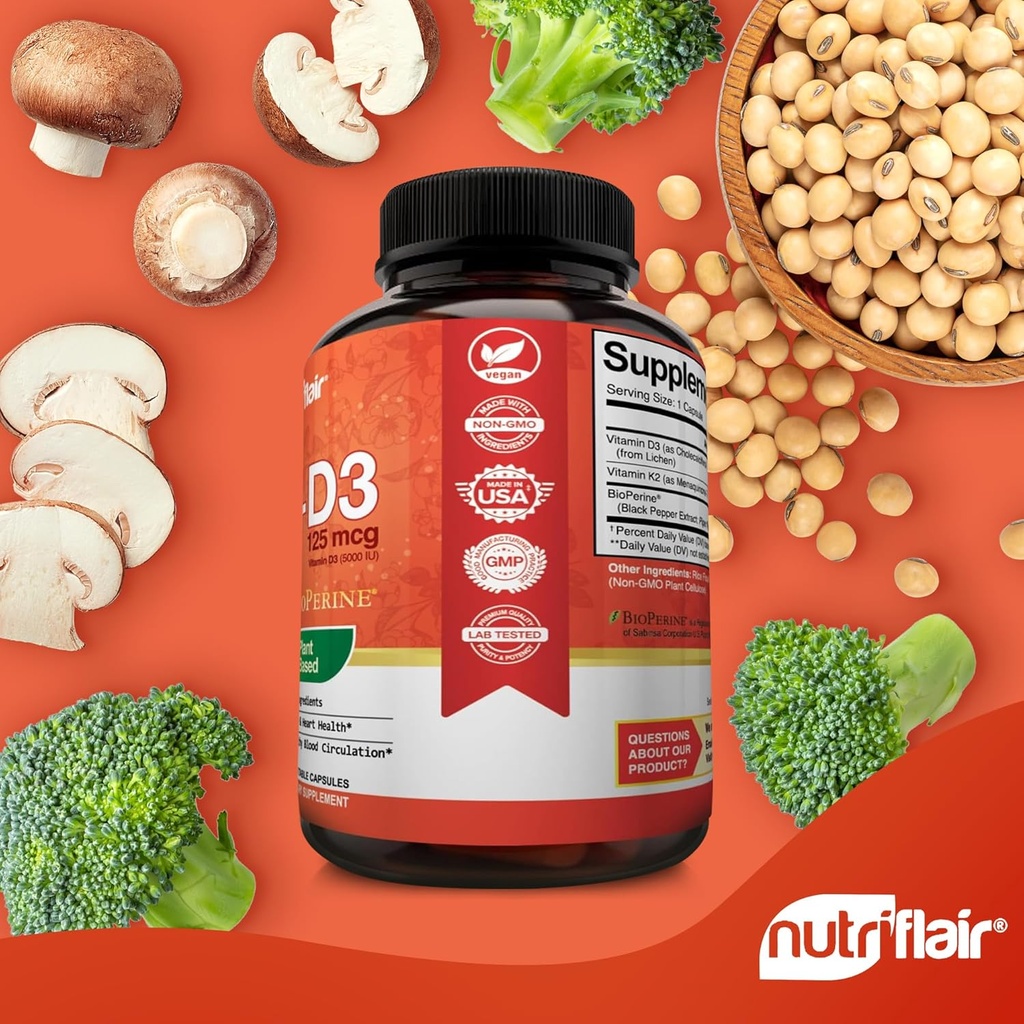 NutriFlair Vitamins D3 (5000iu/125mcg) + K2 (as Mk7) - Made with Plant-Based Ingredients Plus BioPerine Black Pepper Extract, 90 Capsules - Supports Healthy Immune, Heart and Health - Non-GMO Pills 5