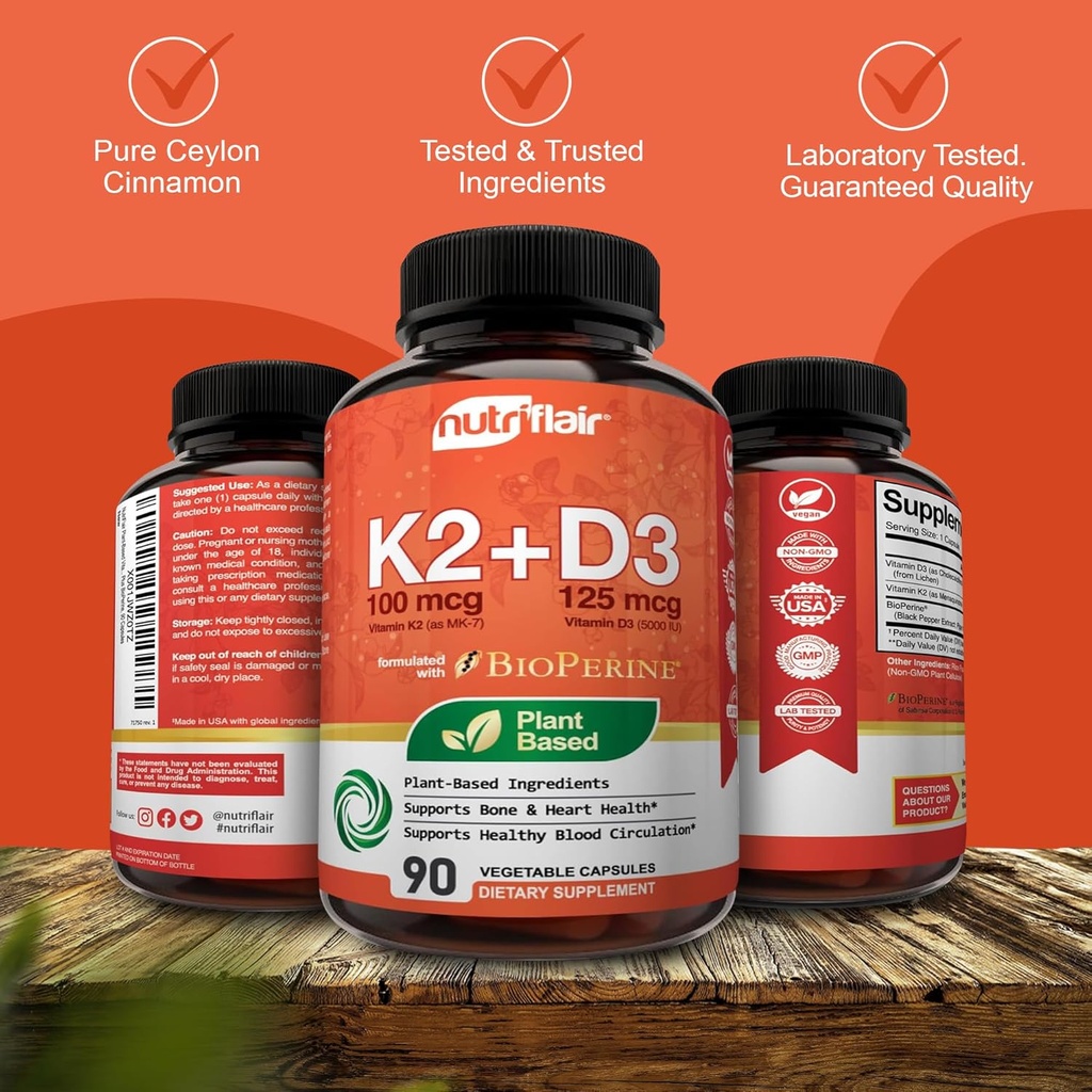 NutriFlair Vitamins D3 (5000iu/125mcg) + K2 (as Mk7) - Made with Plant-Based Ingredients Plus BioPerine Black Pepper Extract, 90 Capsules - Supports Healthy Immune, Heart and Health - Non-GMO Pills 6
