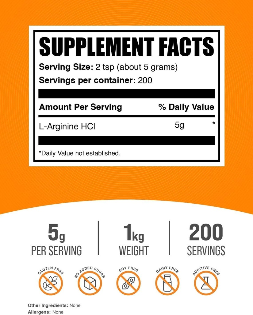 BulkSupplements.com L-Arginine HCl Powder - Nitric Oxide Supplement, Arginine Powder - Unflavored & Gluten Free, 5g per Serving, 1kg (2.2 lbs) (Pack of 1) 3