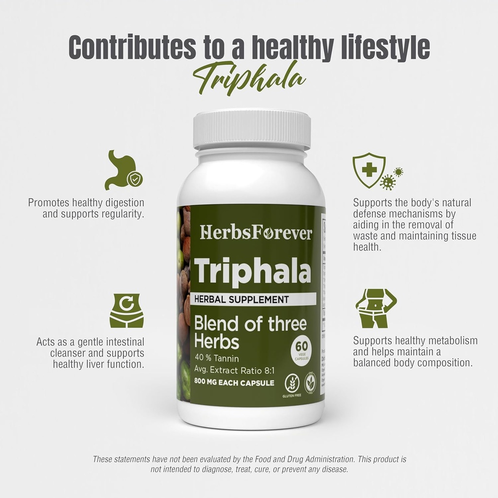 Herbsforever Triphala Capsules Extract Ratio (8:1) 40% Amla, Haritaki & Bibhitaki for Daily Detoxifying, Cleansing, & Rejuvenating 60 Vege Capsules 6