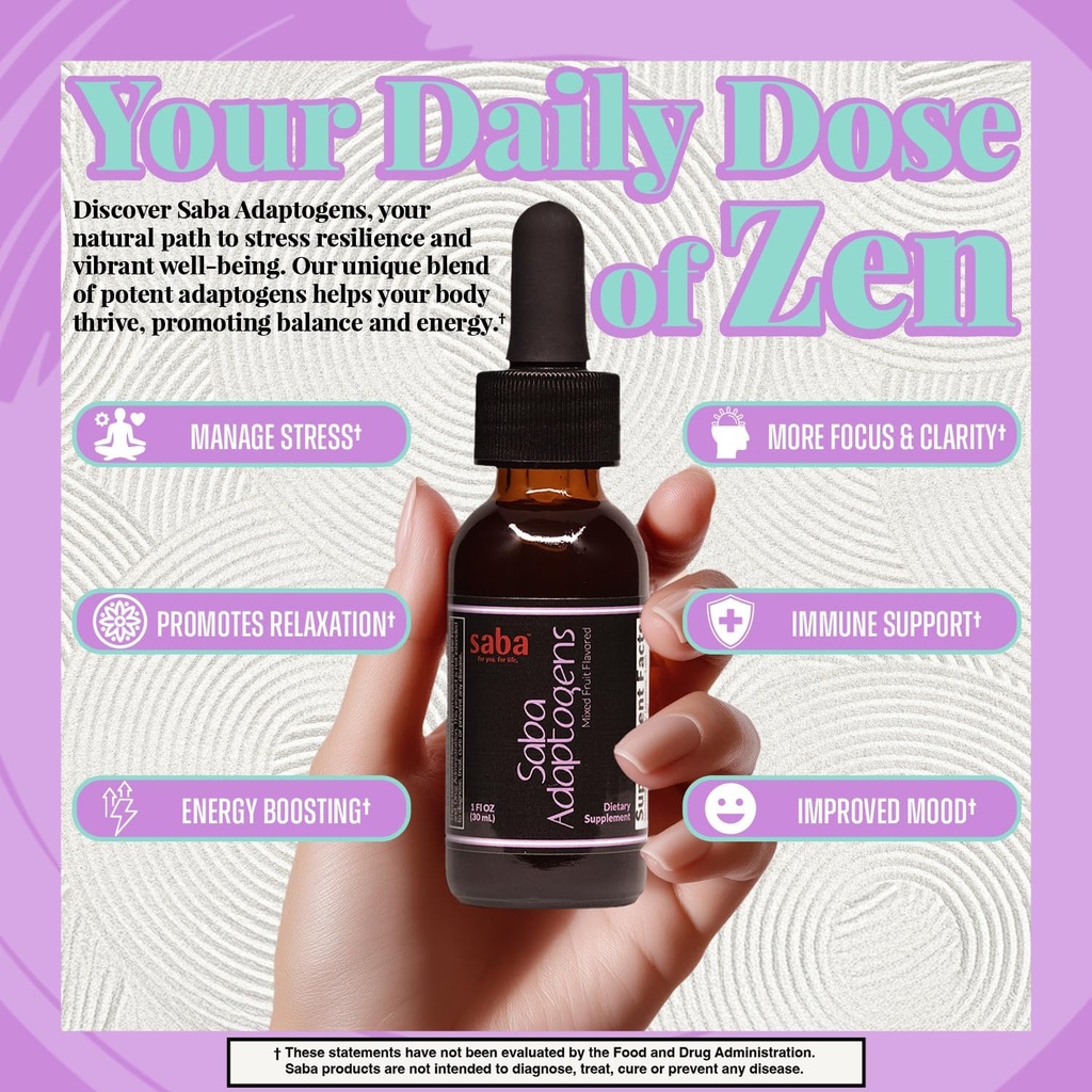 Saba Adaptogens - Super Concentrated - Eleuthero, Ginger, Rhodiola, Ginseng, Mushroom, Ginko, Acai - Supports Immune Response, Mood, Mental Performance & Fatigue -30 Servings 3