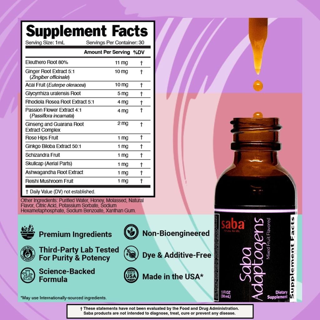 Saba Adaptogens - Super Concentrated - Eleuthero, Ginger, Rhodiola, Ginseng, Mushroom, Ginko, Acai - Supports Immune Response, Mood, Mental Performance & Fatigue -30 Servings 4