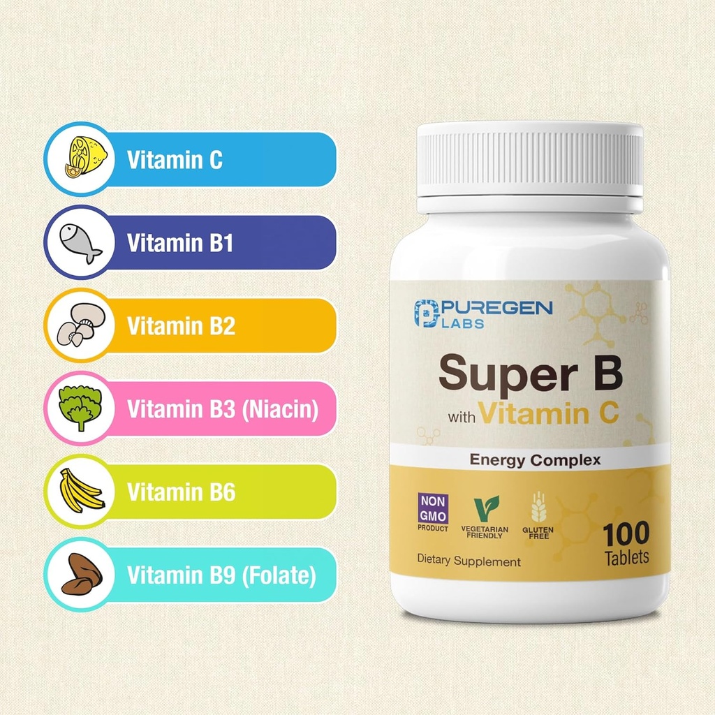 Puregen Labs Super B Energy Complex with Vitamin C - Immune Health, Energy & Nervous System Support - Non-GMO, Gluten-Free | 3 Pack – Total 300 Tablets 4