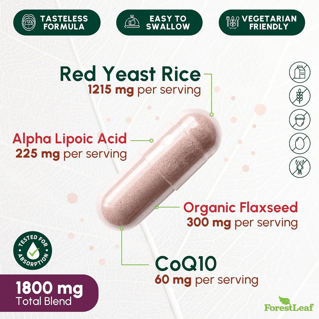ForestLeaf Red Yeast Rice with CoQ10 Supplement - 1215mg Extra Strength Red Yeast Rice Capsules with Alpha Lipoic Acid & Organic Flaxseed, Citrinin Free - 180 Capsules 3