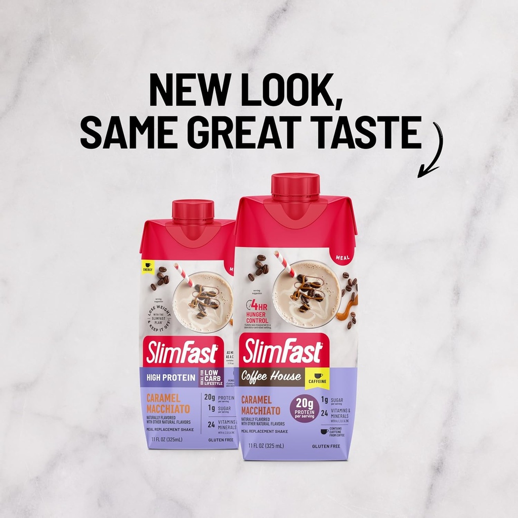 SlimFast Protein Shake with Caffeine, Caramel Macchiato- 20g Protein, Meal Replacement Shakes, High Protein with Low Carb and Low Sugar, 24 Vitamins and Minerals, 12 Count (Pack of 1) 3