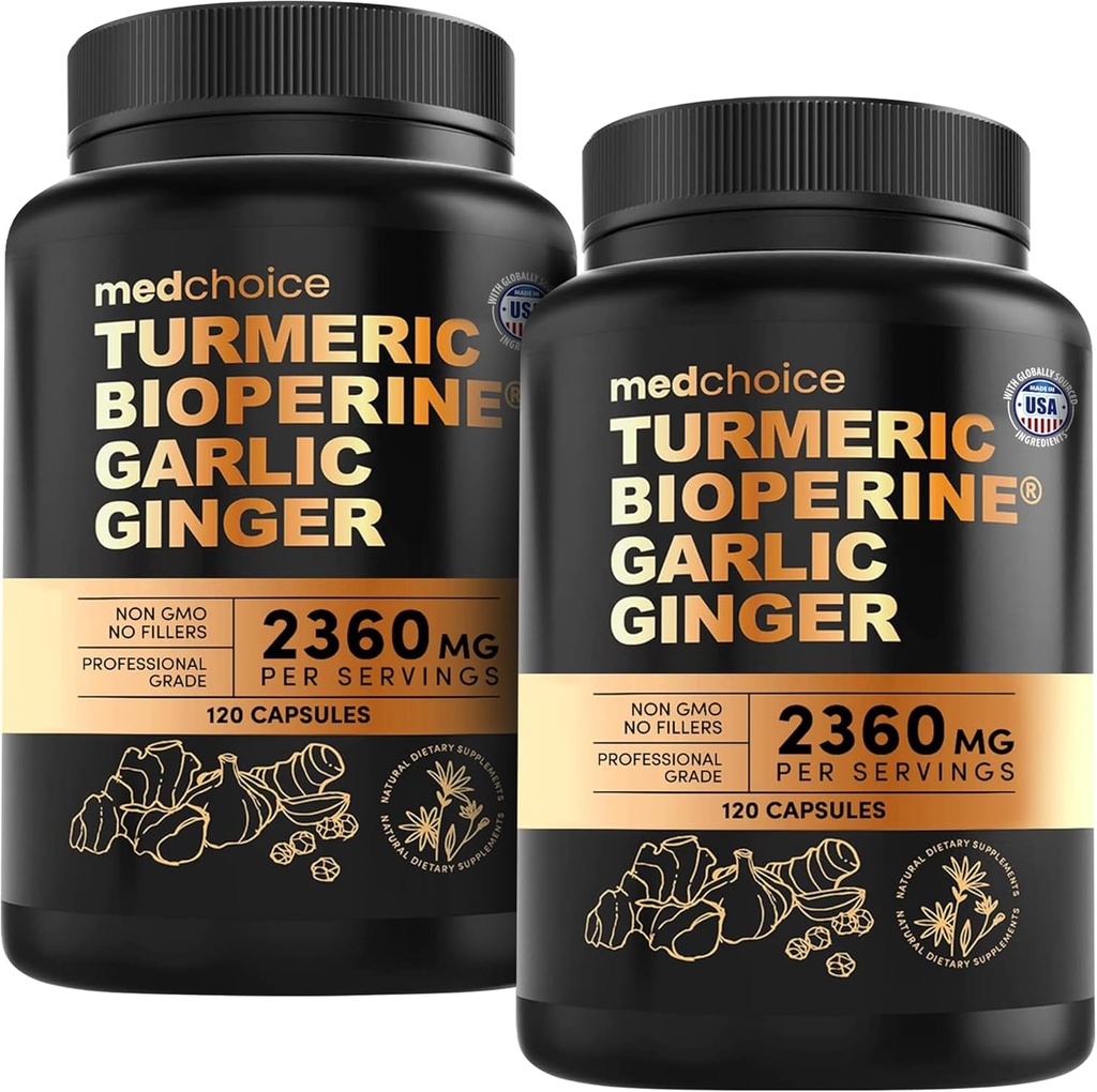 4-in-1 Turmeric and Garlic Supplements with BioPerine – 2360mg Turmeric Ginger Root Capsules with Garlic – High Potency Herbal Blend (120 ct, Pack of 2) 2