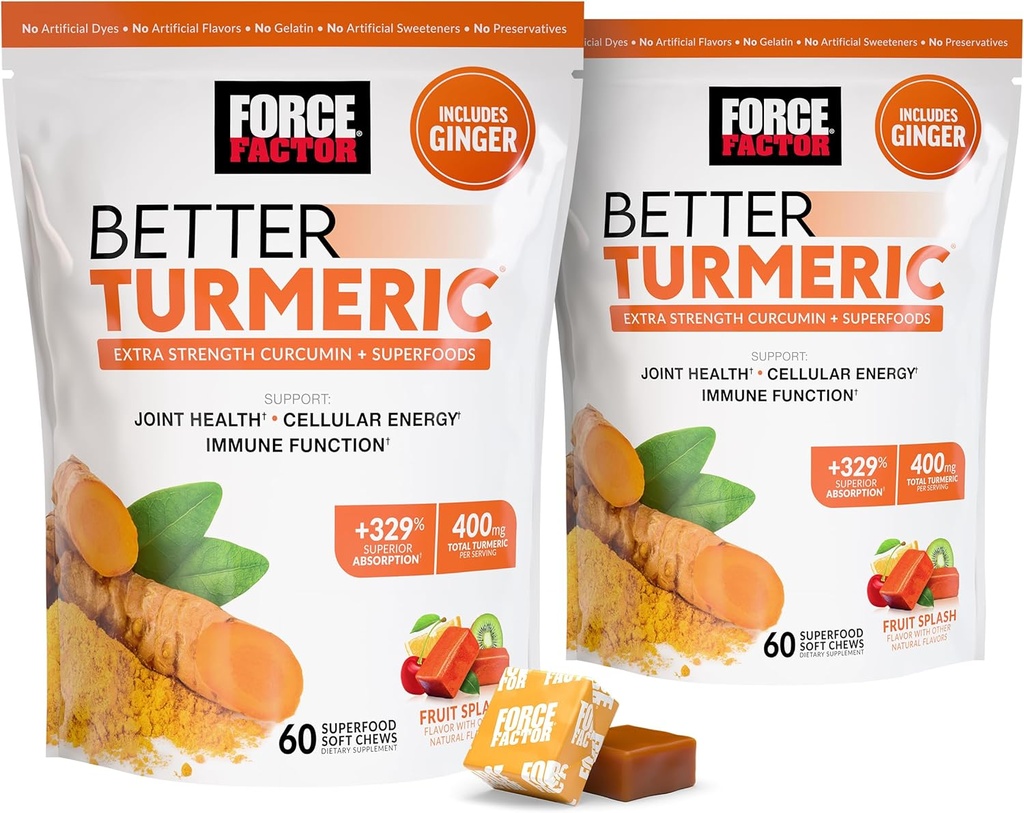 Force Factor Better Turmeric Joint Support Supplement for Extra Strength Joint Health, Featuring HydroCurc Turmeric Curcumin with Black Pepper for Superior Absorption, Fruit Splash, 120 Soft Chews 2