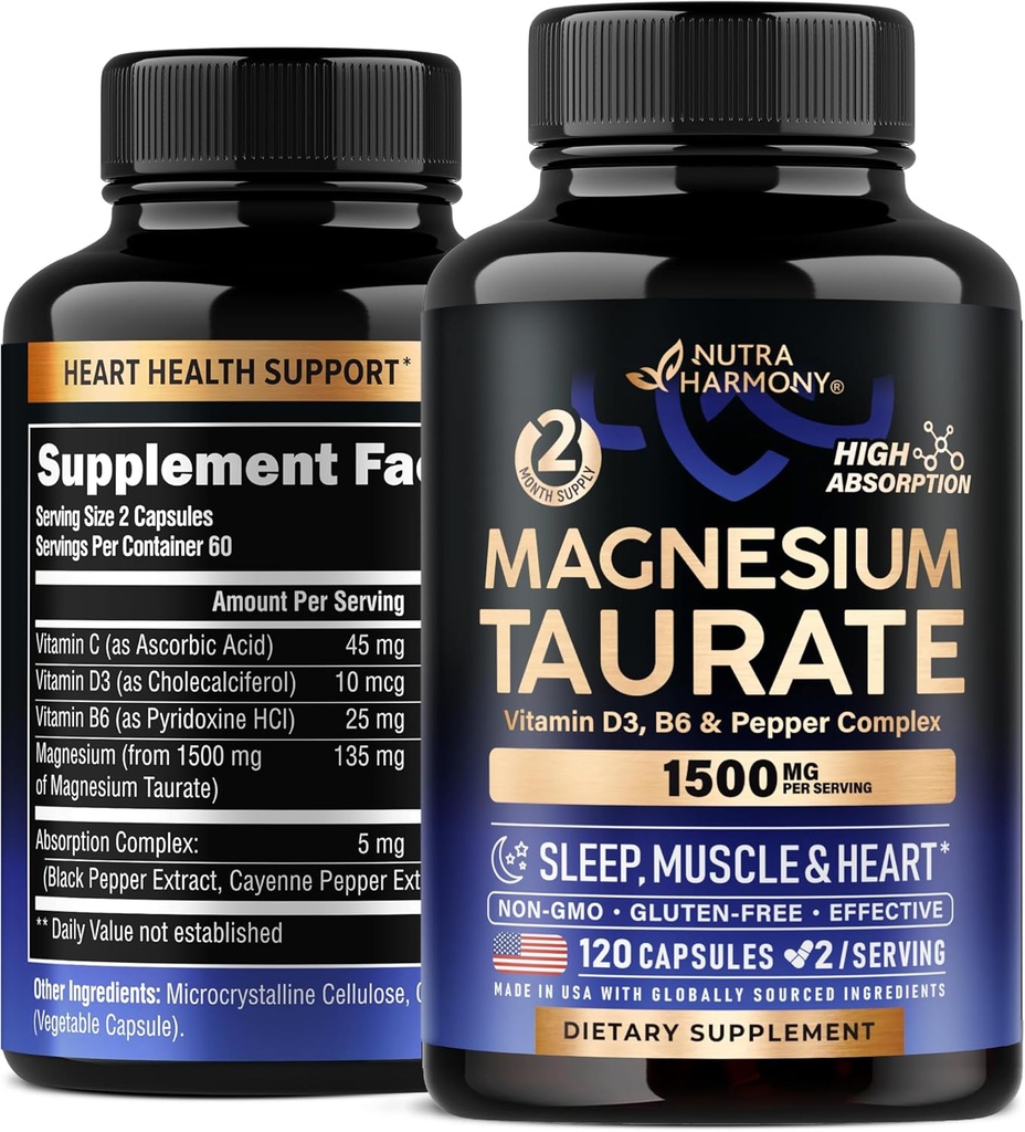 Magnesium Taurate 1500 mg with Vitamins B6, C & D3 - Pepper for Enhanced Absorption - Laboratory Tested, Made in USA - 120 Capsules, 2 Month Supply 2