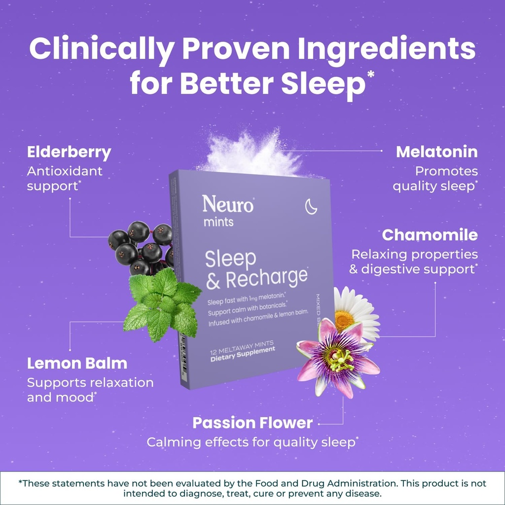 NeuroGum Sleep & Recharge Meltaway Mints | 1mg Melatonin + Chamomile + Elderberry + Lemon Balm + Passion Flower | Natural Sugar Free Rest & Relaxation Supplement (Mixed Berry, 72 Pieces) 3