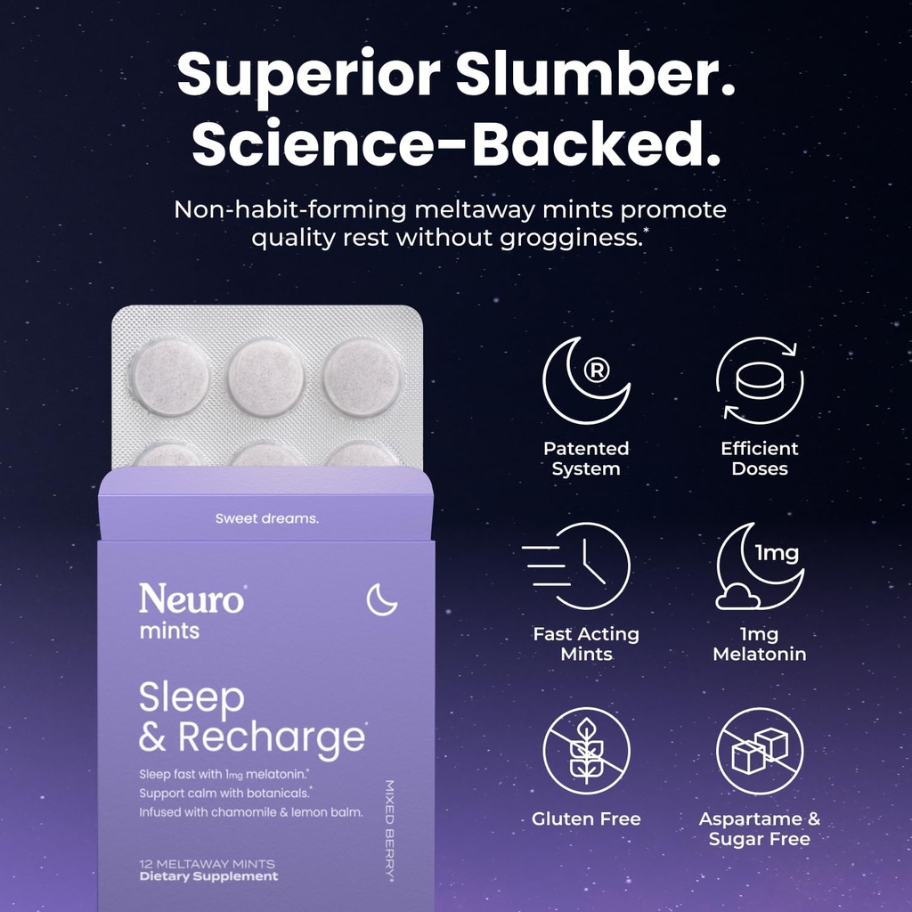 NeuroGum Sleep & Recharge Meltaway Mints | 1mg Melatonin + Chamomile + Elderberry + Lemon Balm + Passion Flower | Natural Sugar Free Rest & Relaxation Supplement (Mixed Berry, 72 Pieces) 4