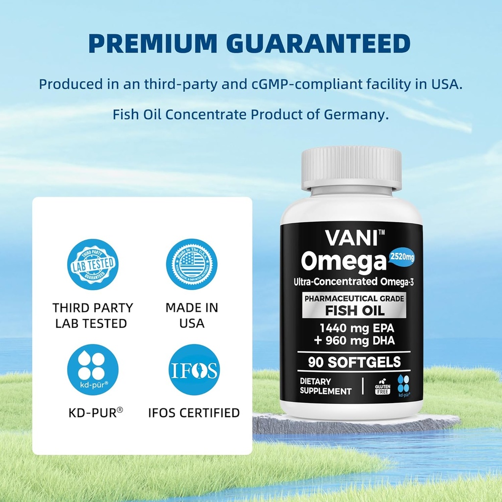 Pharmaceutical Grade Omega 3 Fish Oil, KD-PUR Premium Germany Fish Oil Supplements 2520mg with EPA & DHA- Supports Brain, Heart & Immunity (90 Softgels) 6