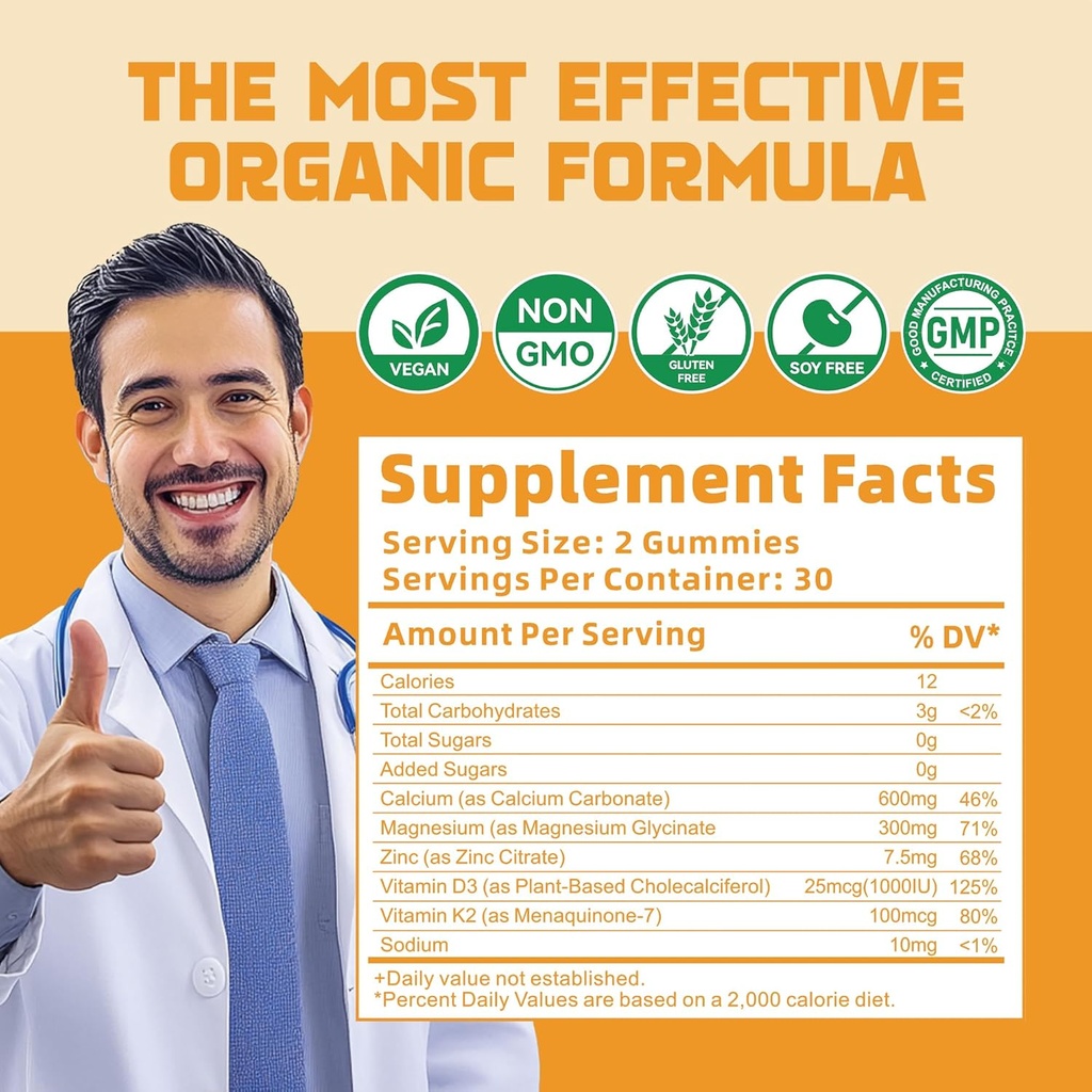 Calcium Magnesium Zinc Gummies with Vitamin D3 & K2 - High Potency Enhanced Absorption -60 Orange Gummies 5