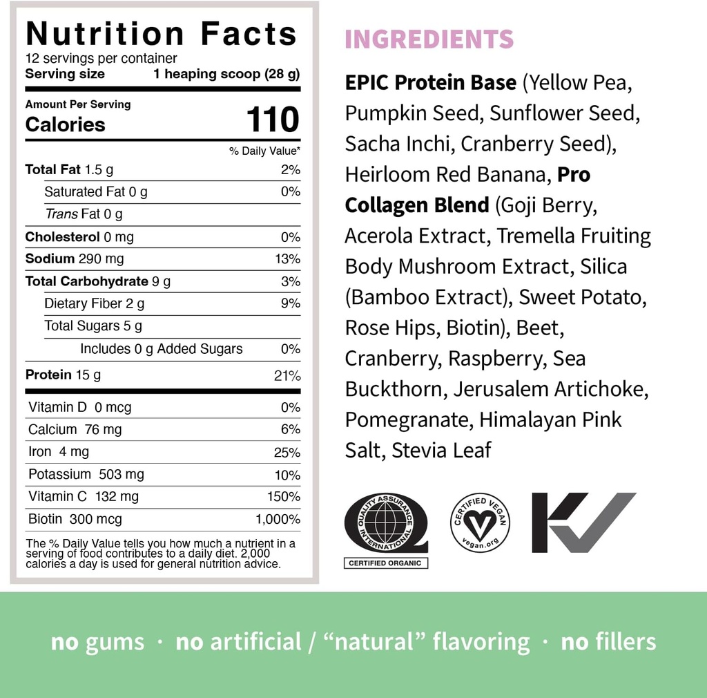 Sprout Living Epic Protein, Plant Based Protein & Superfoods Powder, Pro Collagen, Berry | 15 Grams Organic Protein Powder, Vegan, Non Dairy, Non-GMO, Gluten Free, Low Sugar (0.7 Pound, 12 Servings) 5