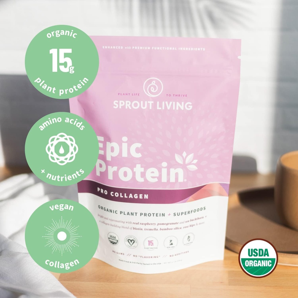 Sprout Living Epic Protein, Plant Based Protein & Superfoods Powder, Pro Collagen, Berry | 15 Grams Organic Protein Powder, Vegan, Non Dairy, Non-GMO, Gluten Free, Low Sugar (0.7 Pound, 12 Servings) 6