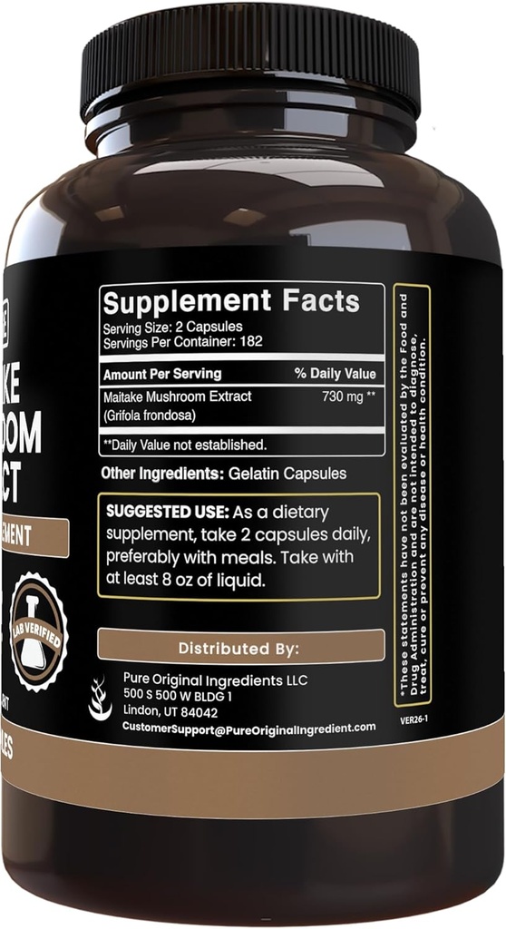 PURE ORIGINAL INGREDIENTS Maitake Mushroom (365 Capsules) No Magnesium Or Rice Fillers, Always Pure, Lab Verified 3