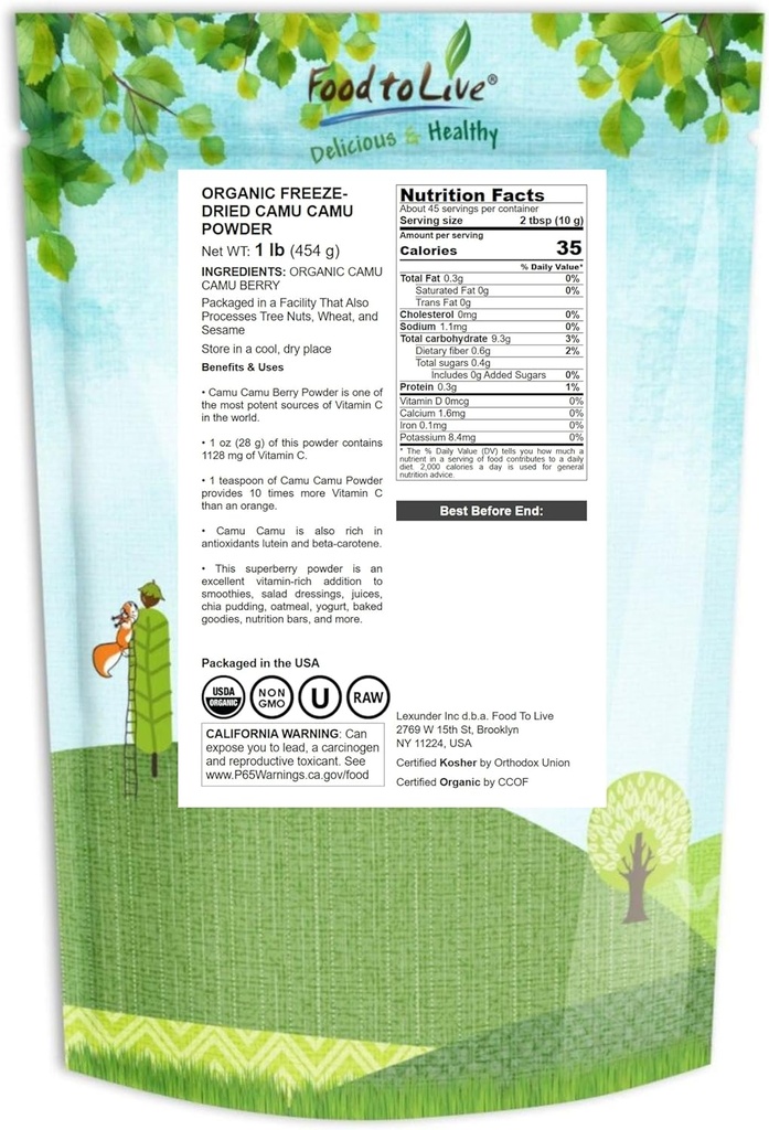 Food to Live - Organic Camu Camu Powder, 1 Pound - Non-GMO, Kosher, Raw, Vegan Superfood, Bulk, Non-Irradiated, Pure, Great for Baking and Drinks 3