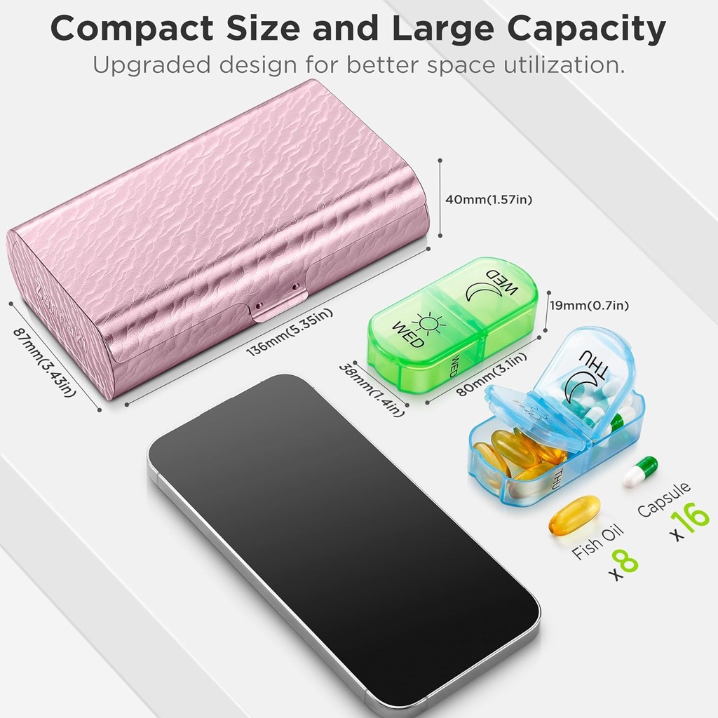 Zannaki Metal XL Weekly Pill Organizer 2 Times a Day, Large Travel Daily Pill Box 7 Day, Portable Week Twice Pill Holder Container, AM PM Pill Case for Medicine Vitamin Medication Supplement, Pink 3