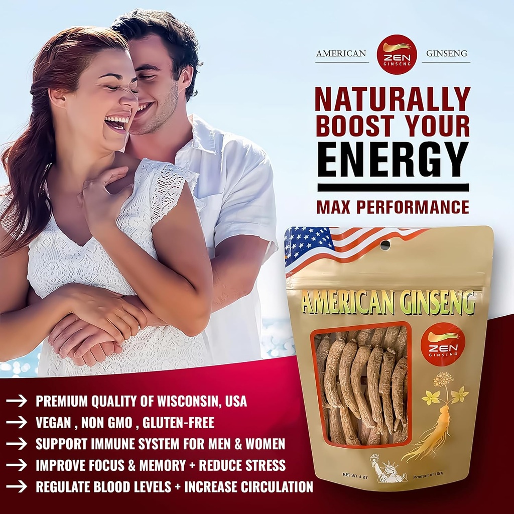 Zen Ginseng - 4 oz Bag of American Wisconsin Ginseng Root - Non-GMO, Gluten Free. Add This Ginseng in Soup, Tea, Coffee, juices, Smoothies and Baking (Small Long Root 4 oz Bag) 4