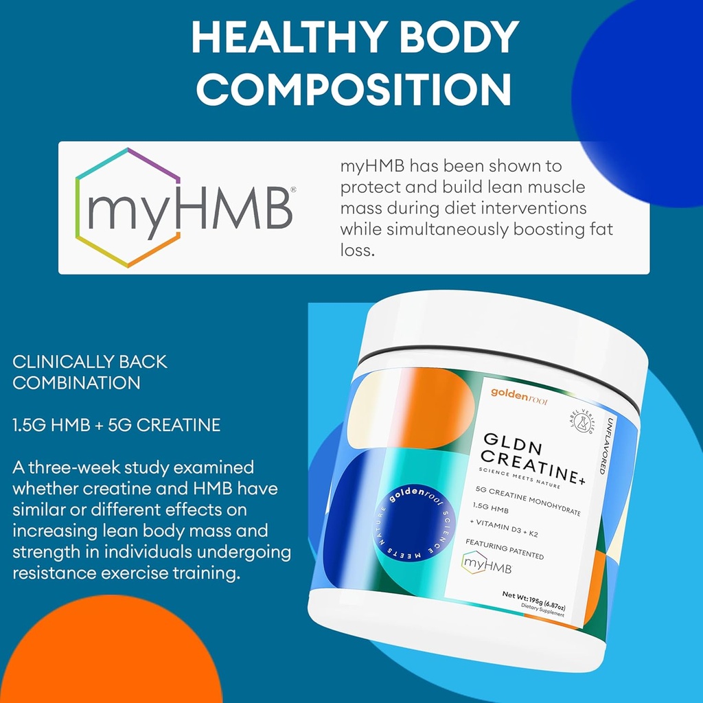 GLDN Creatine - Creatine Monohydrate with HMB for sustained Muscle Support and Recovery with Vitamin D3 and K2 for Bone and Joint Health - Designed for Women and Men - Unflavored Powder - 30 Serve 5