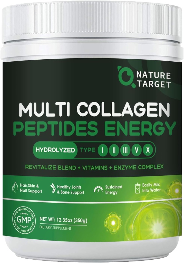 NATURE TARGET Multi-Collagen-Peptides-Powder - Hydrolyzed Collagen with Energy Blend + Multivitamin & Minerals, Supports Energy Skin Hair Nail & Joint, Non-GMO, 35 Servings 2