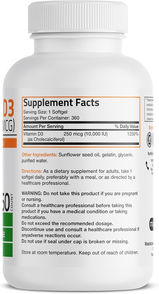 Bronson Vitamin D3 10,000 IU (250 mcg) High Potency - Supports Healthy Immune System, Strong Bones, Muscles & Teeth - Non GMO, 360 Softgels (1 Year Supply) 3
