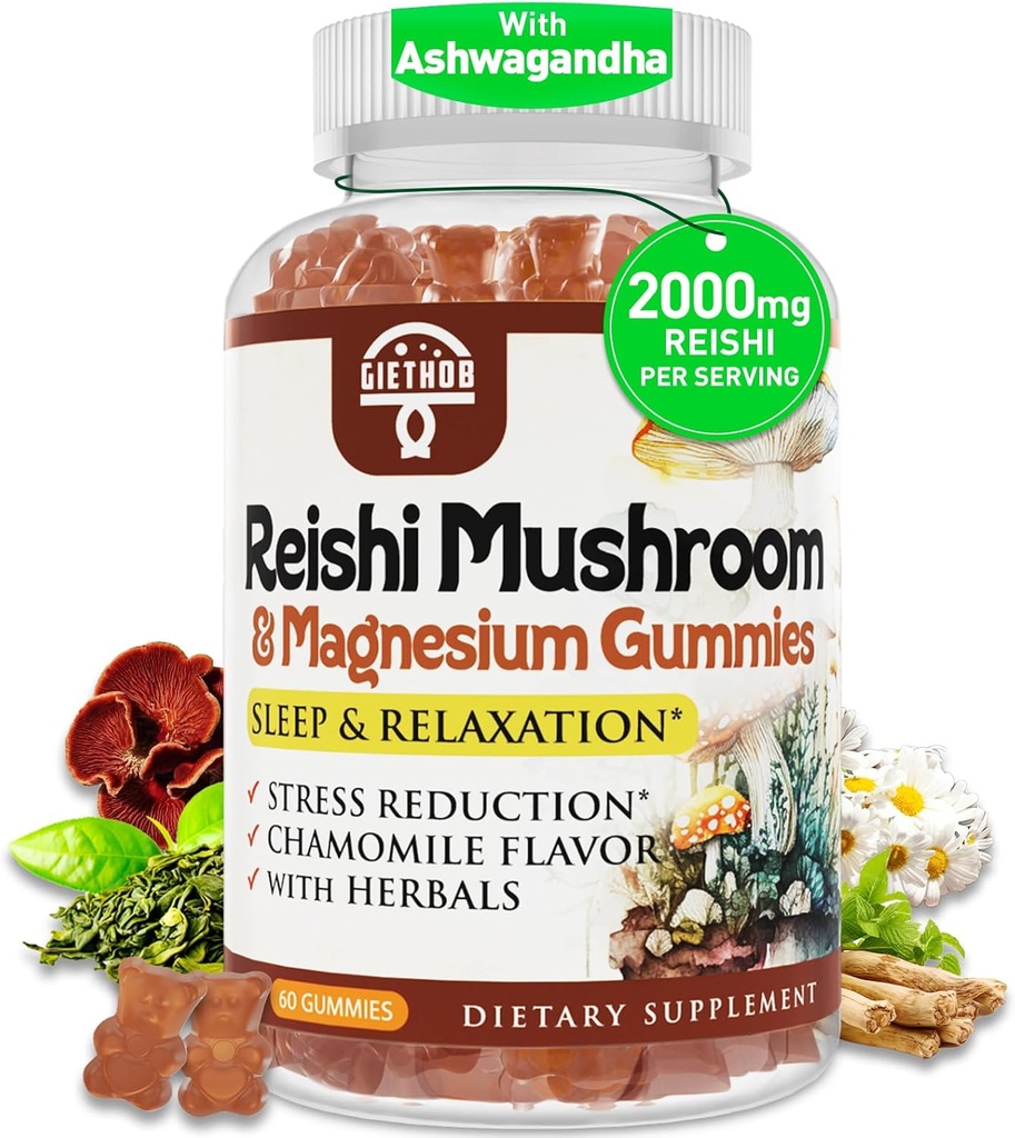 Reishi Mushroom Gummies, Cortisol Supplements for Women & Men, with Reishi Mushroom Extract, Ashwagandha, Magnesium, Relaxation Herbals Blend for Rest, Calm, Immune & Energy, Vegan, 60 Gummies 2