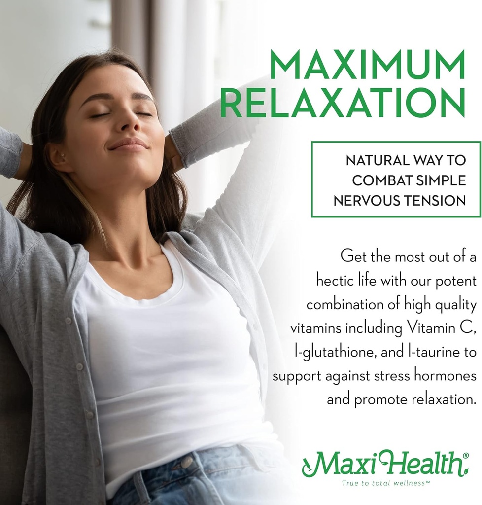 Maxi Health - Relax to The Max Stress Relief Formula (60 Count) Capsules with Vitamin C, Calcium, L-Theanine, L-Taurine & Amino Acids - All Natural Calming & Relaxation Supplements 5