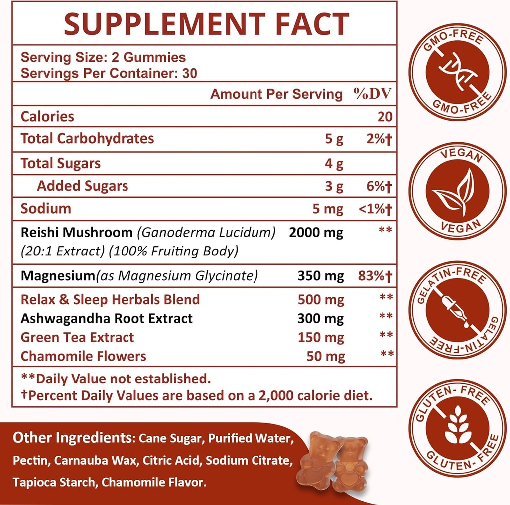 Reishi Mushroom Gummies, Cortisol Supplements for Women & Men, with Reishi Mushroom Extract, Ashwagandha, Magnesium, Relaxation Herbals Blend for Rest, Calm, Immune & Energy, Vegan, 60 Gummies 3