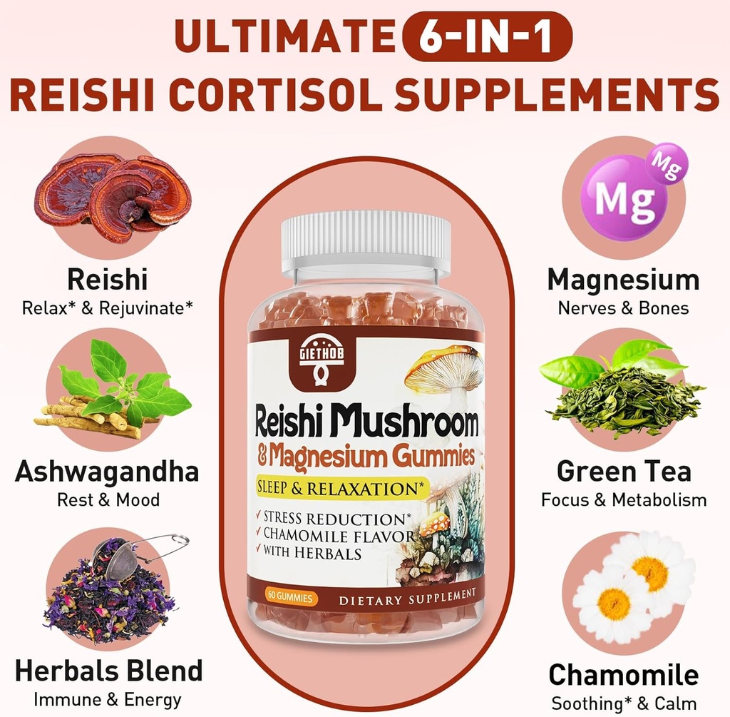 Reishi Mushroom Gummies, Cortisol Supplements for Women & Men, with Reishi Mushroom Extract, Ashwagandha, Magnesium, Relaxation Herbals Blend for Rest, Calm, Immune & Energy, Vegan, 60 Gummies 4