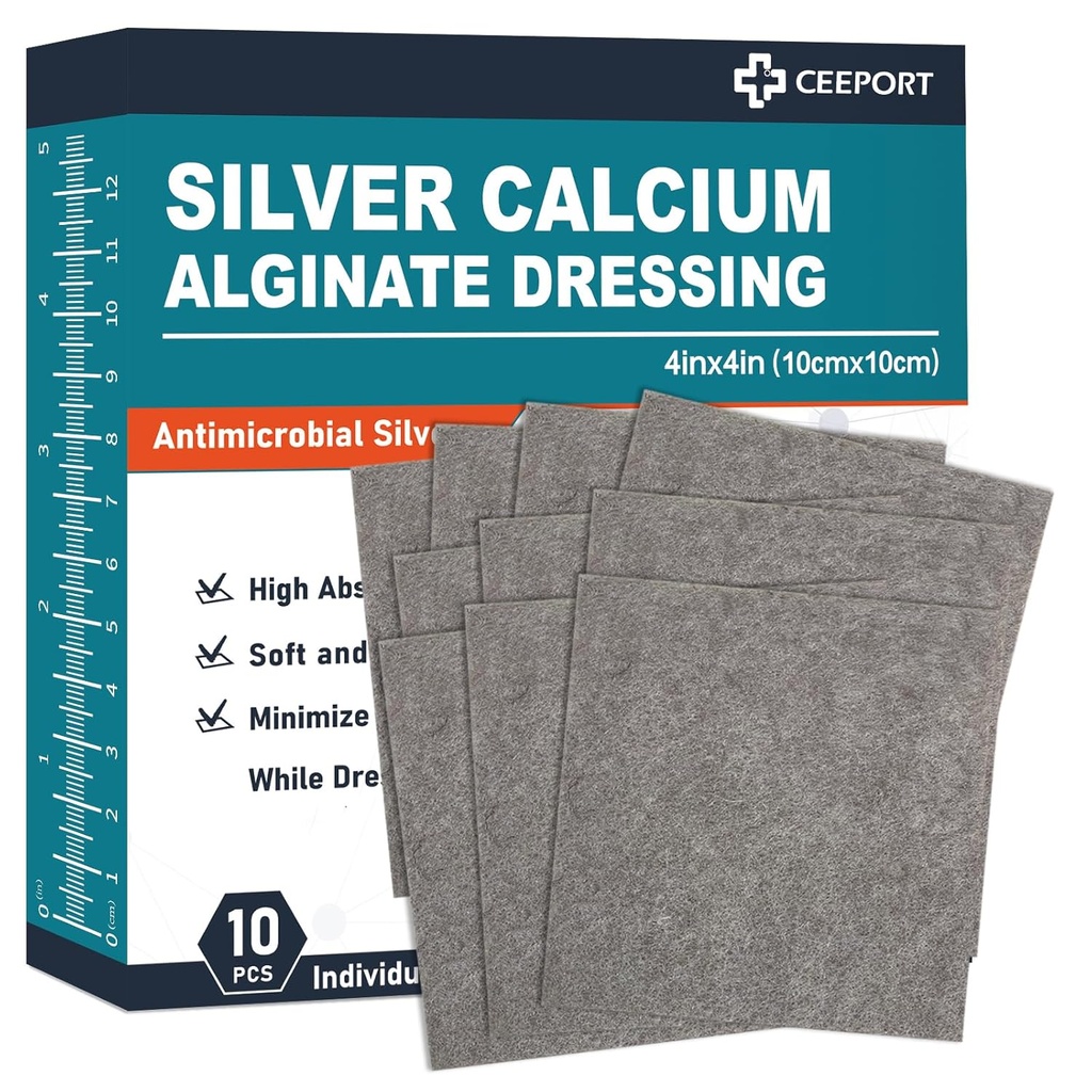 Ag Silver Calcium Alginate Wound Dressing Pads, 4''x4'' Patches, 10 Individual Pack, Soft Silver Dressings for Wound Care, Gentle Highly Absorbent Dressing, Non Stick Gauze Pads for Wounds 2