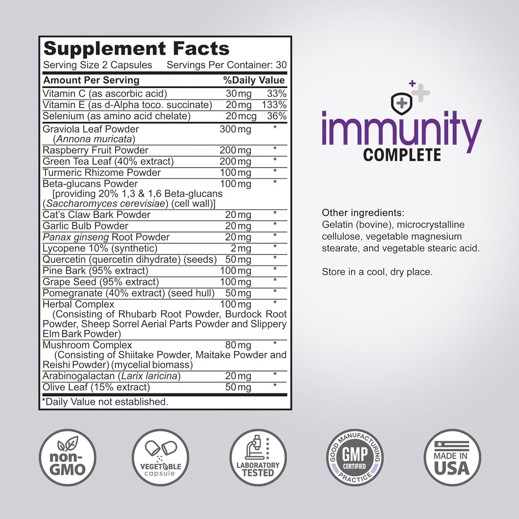 Immunity Complete - 20-in-1 Immune System Booster Formula with Cat's Claw, Quercetin, Vitamin C, and Olive Leaf Extract 60ct 6