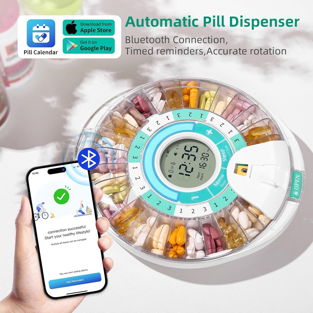 Betife Smart Automatic Pill Dispenser, 28 Compartments Electronic Pill Organizer for any dosage with Light/Sound Alarm, Bluetooth Medication Organizer, Locked Pill Box for Prescriptions and Supplement 3