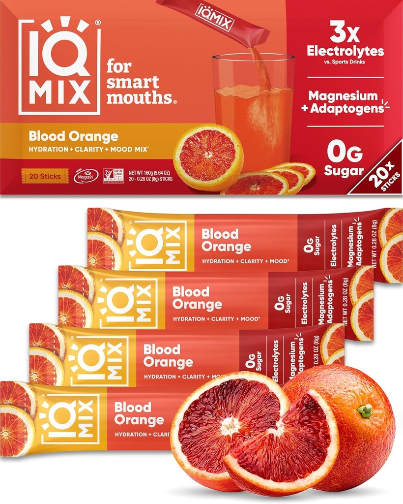IQMIX Hydration Electrolyte Powder – 4-in-1 Formula for Hydration, Mental Clarity, Mood and Recovery – Sugar-Free Drink Mix, Keto, Magnesium L-Threonate, Lion’s Mane – 20 Count Blood Orange 2
