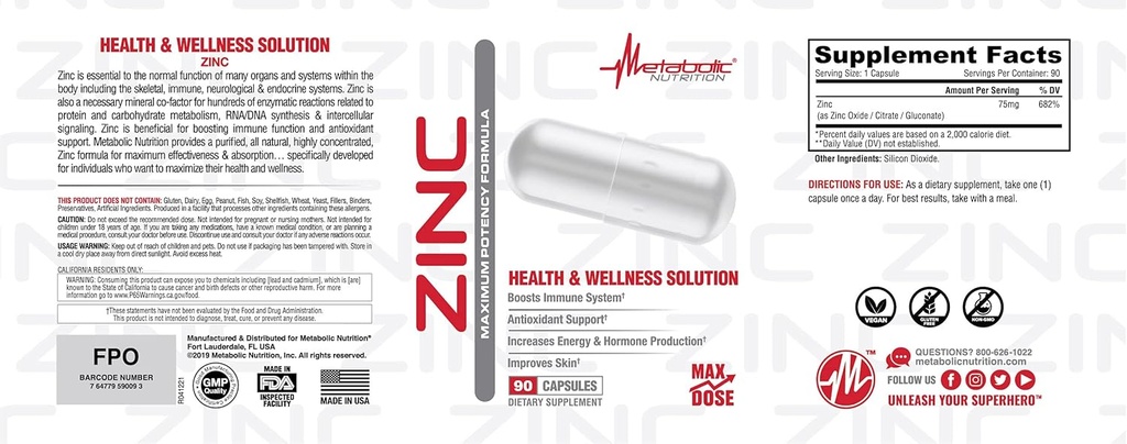 Zinc Supplement by Metabolic Nutrition, 75mg, 90 Zinc Capsules, Supports Immune System Function w/Zinc Oxide 4