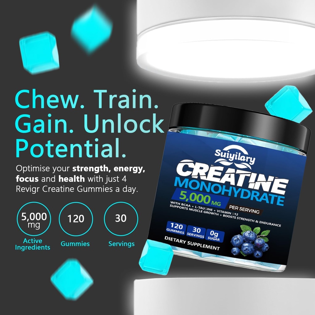 Sugar Free Creatine Monohydrate Gummies Complex 5000mg for Men & Women - 120 Gummies for Muscle Strength, Muscle Builder, Energy Boost, Pre-Workout Supplement, Vegan 6