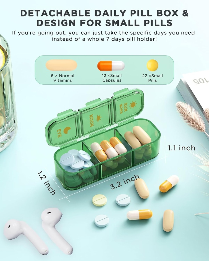 Pill Organizer 3 Times A Day, 7-Day Pill Box 3 Times A Day - Acedada Weekly Medicine Box Organizer, 7 Detachable Portable Daily Pill Container Dispenser Case for Vitamins Fish Oils Supplements, Green 6