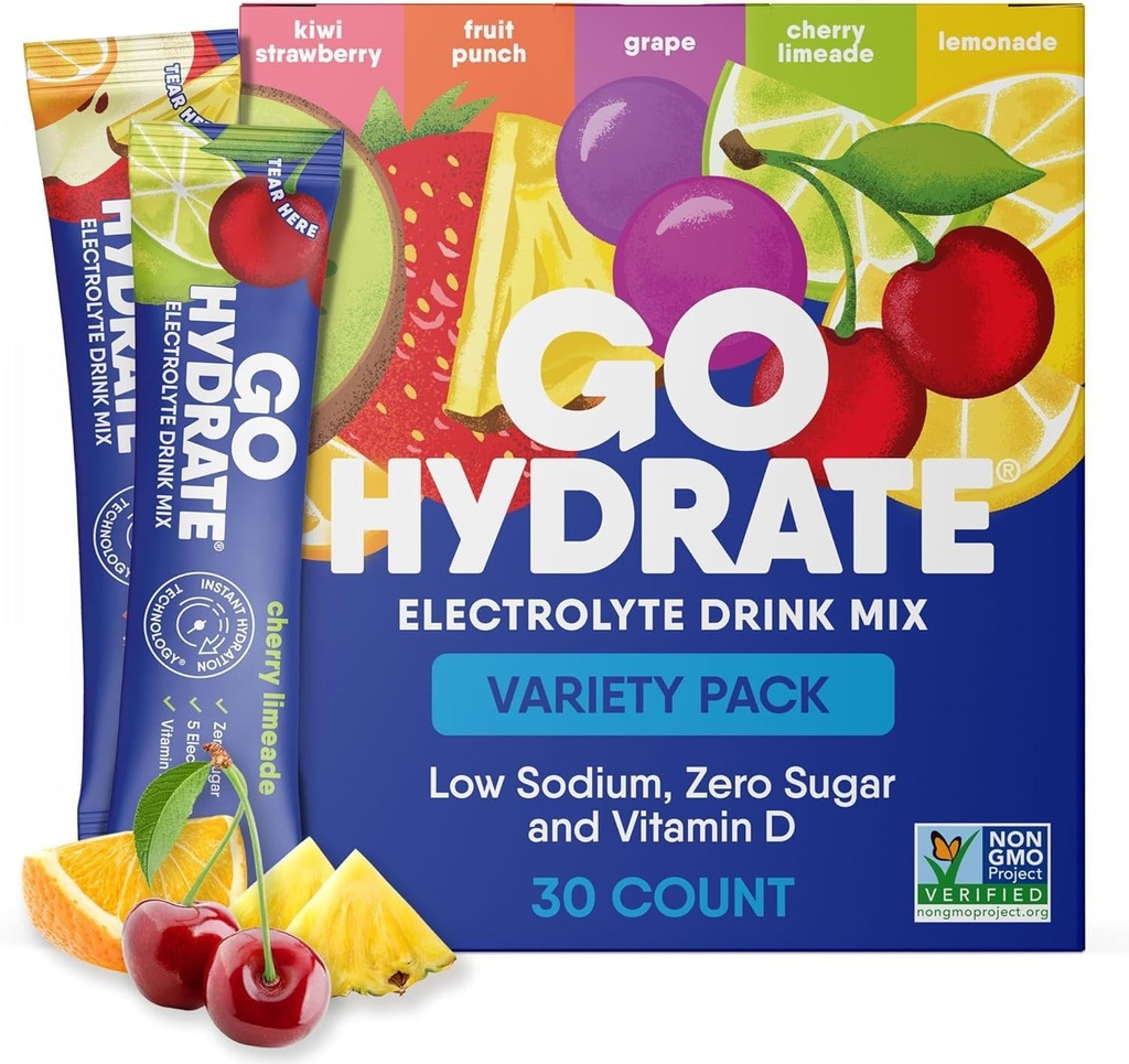 GoHydrate Low Sodium Electrolytes Powder Packets Sugar Free - Instant Hydration Daily Drink Mix - Zero Sugar Water Flavor Packet Singles with Vitamin D - (Variety Pack, 30 Packs) 2