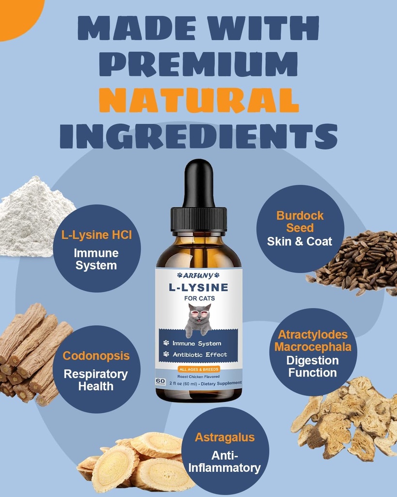 L-Lysine Supplement for Cats - Immune Support - 60ML Lysine for Feline Respiratory, Sneezing, Runny Nose, Eye Function - Natural Cat Antibiotic Drops - Roast Chicken Flavor 6