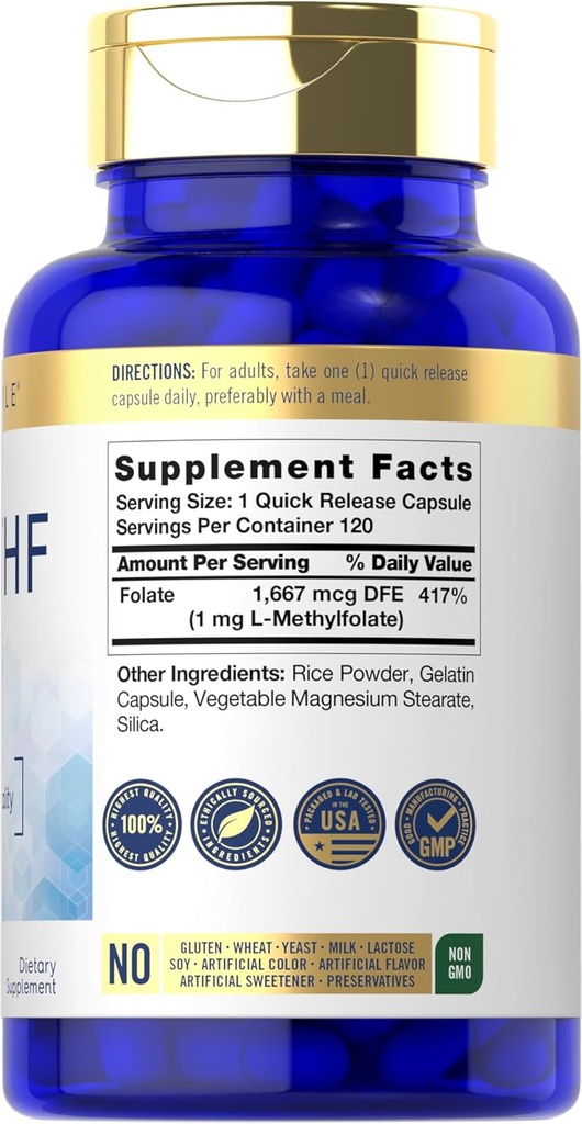 Carlyle 5-MTHF L Methylfolate 1mg | 120 Capsules | Non-GMO & Gluten Free Supplement | Premium Quality 3