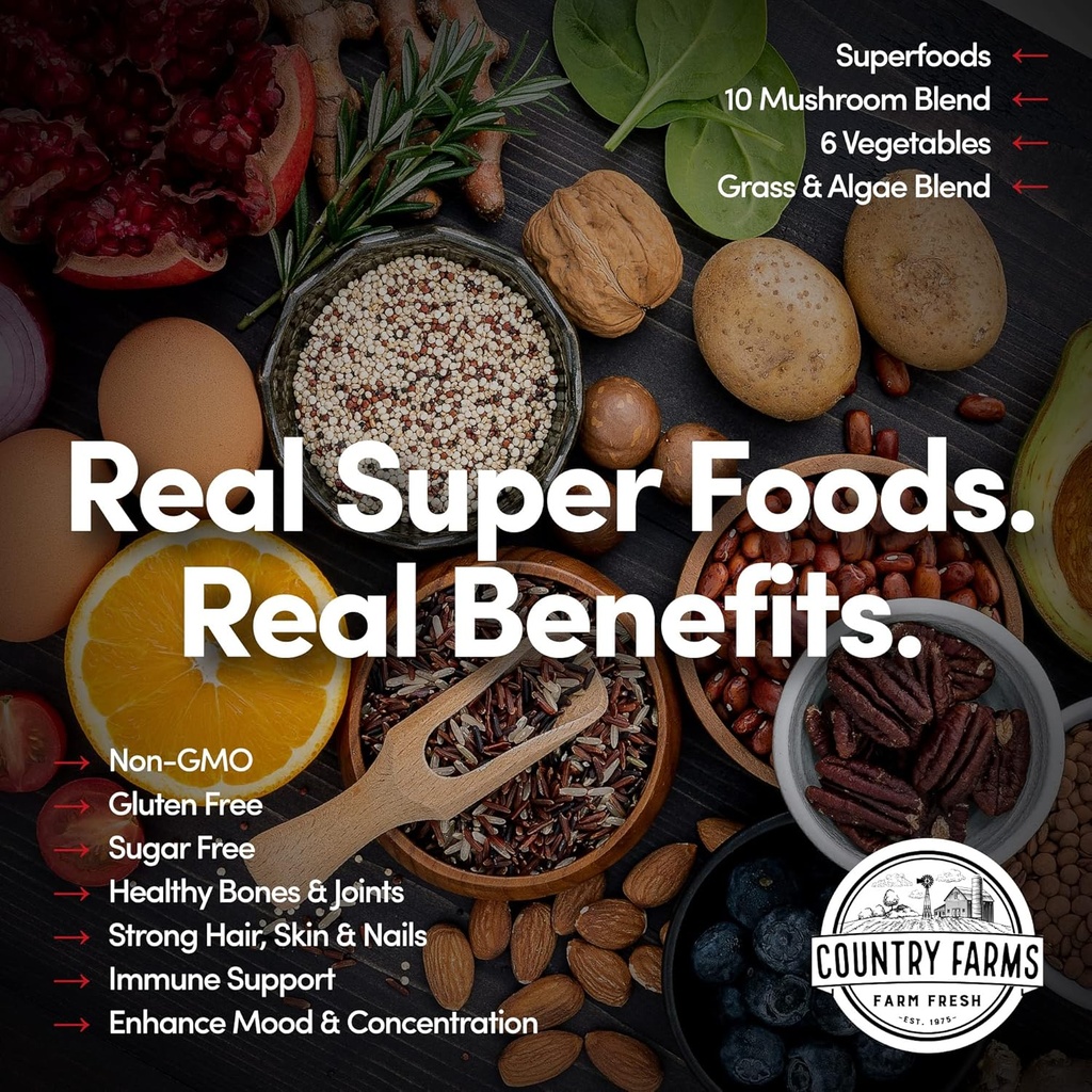 Country Farms Collagen Peptides Powder with Greens Dietary Powder Supplement (Type I, III) for Skin Hair Nail and Joints, Dairy/Gluten/Sugar Free, Energizing Superfoods, Natural, 10.6 Oz 30 Servings 5