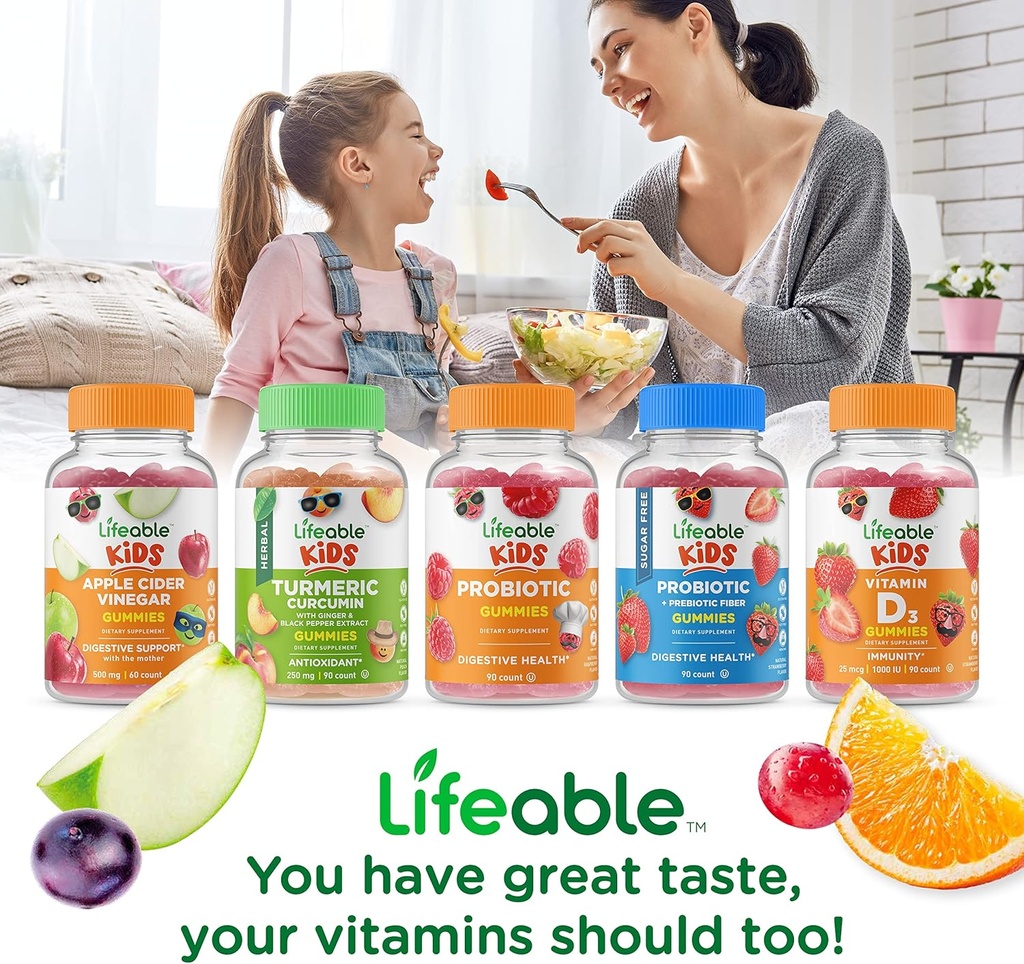 Lifeable Sugar Free Preciotic Fiber Kids + Vitamin D Kids, Gummies Bundle - Great Tasting, Vitamin Supplement, Gluten Free, GMO Free, Chewable Gummy 6