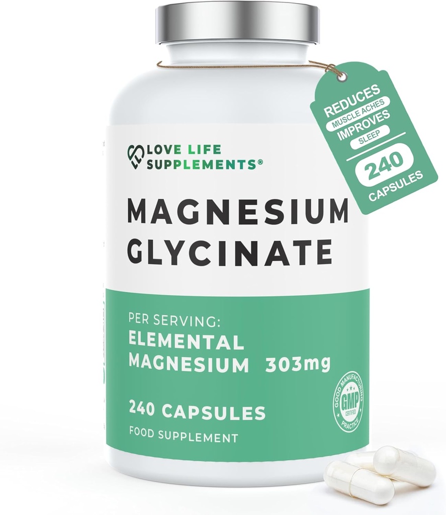 Magnesium Glycinate (Bisglycinate) | Chelated Magnesium Supplements | 2750mg (303mg Magnesium) | 240 Capsules / 60 Servings | Highly Bioavailable | Made in UK - GMP Certified | Love Life Supplements 2