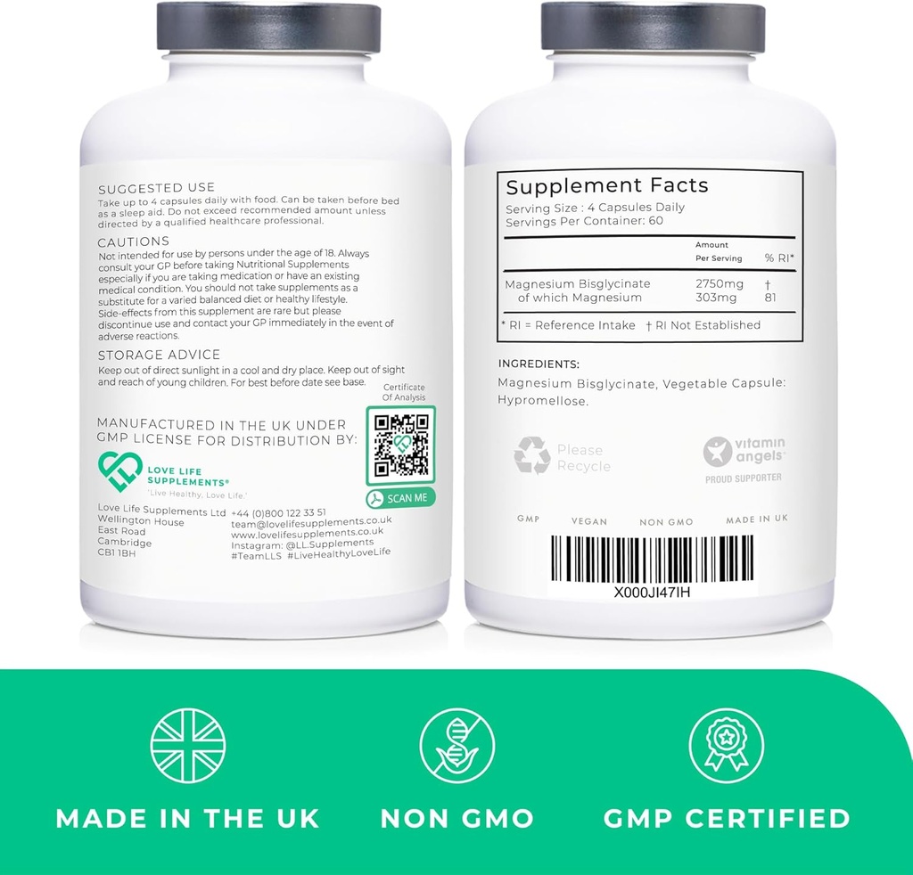 Magnesium Glycinate (Bisglycinate) | Chelated Magnesium Supplements | 2750mg (303mg Magnesium) | 240 Capsules / 60 Servings | Highly Bioavailable | Made in UK - GMP Certified | Love Life Supplements 3