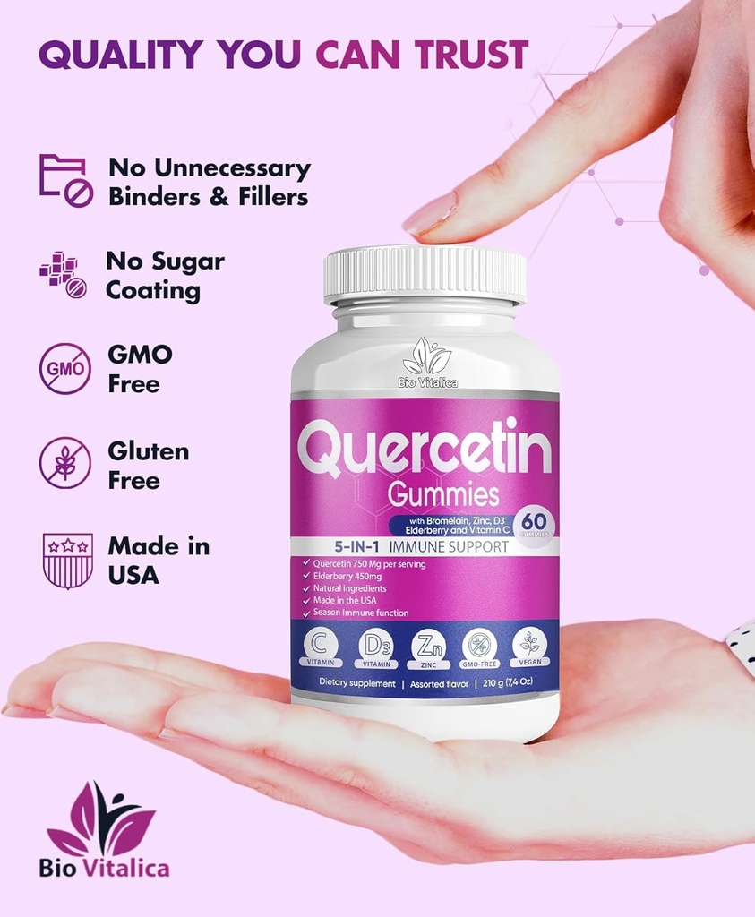 (3 Pack) Quercetin Gummies by BioVitalica - Quercetin with Bromelain Vitamin C and Zinc & Elderberry + Vitamin D3-5 in 1 Immune Support - Zinc Quercetin 750 mg for Kids and Adults 5