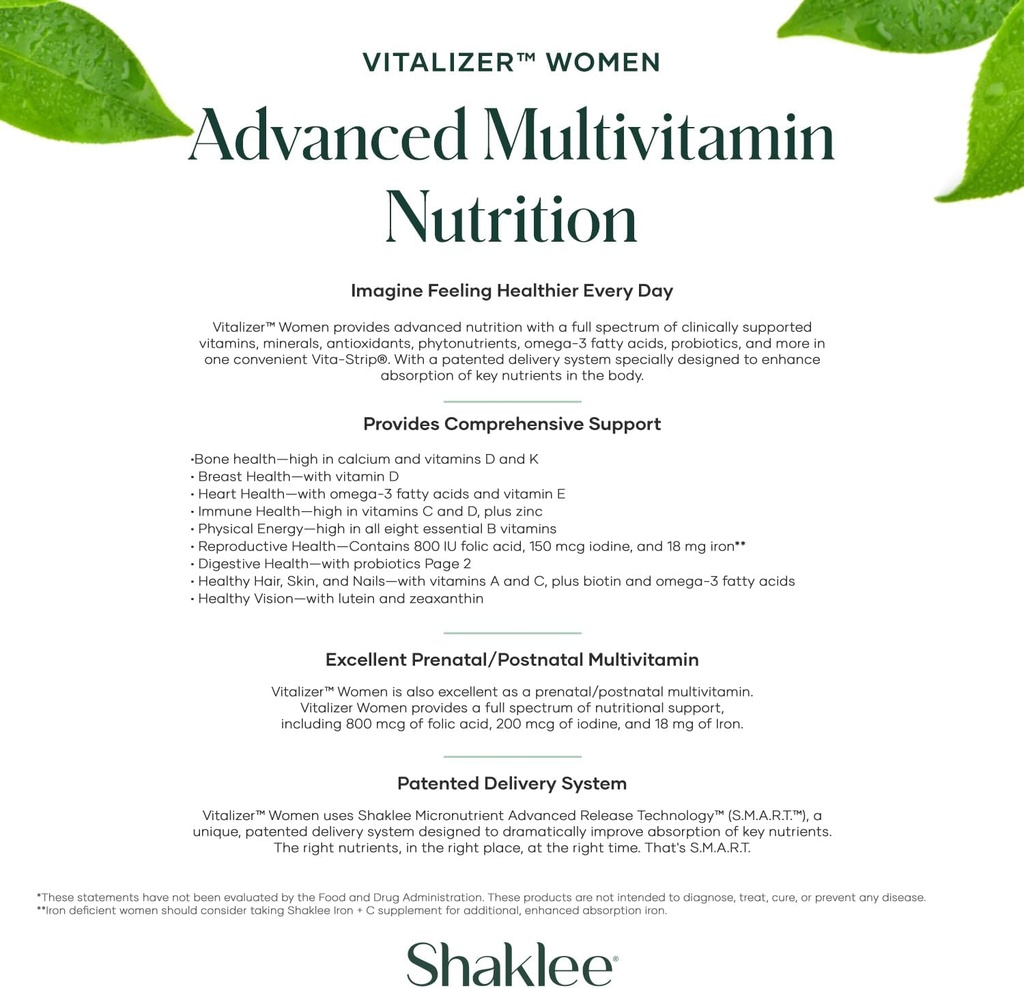 Shaklee -Vitalizer Women - Advanced Nutrition - Prenatal/Postnatal Multivitamin with Omega-3, Probiotics, and More - Supports Heart, Joint, Immune, Bone, Digestive, and Energy - 30 Vita-Strips® 5
