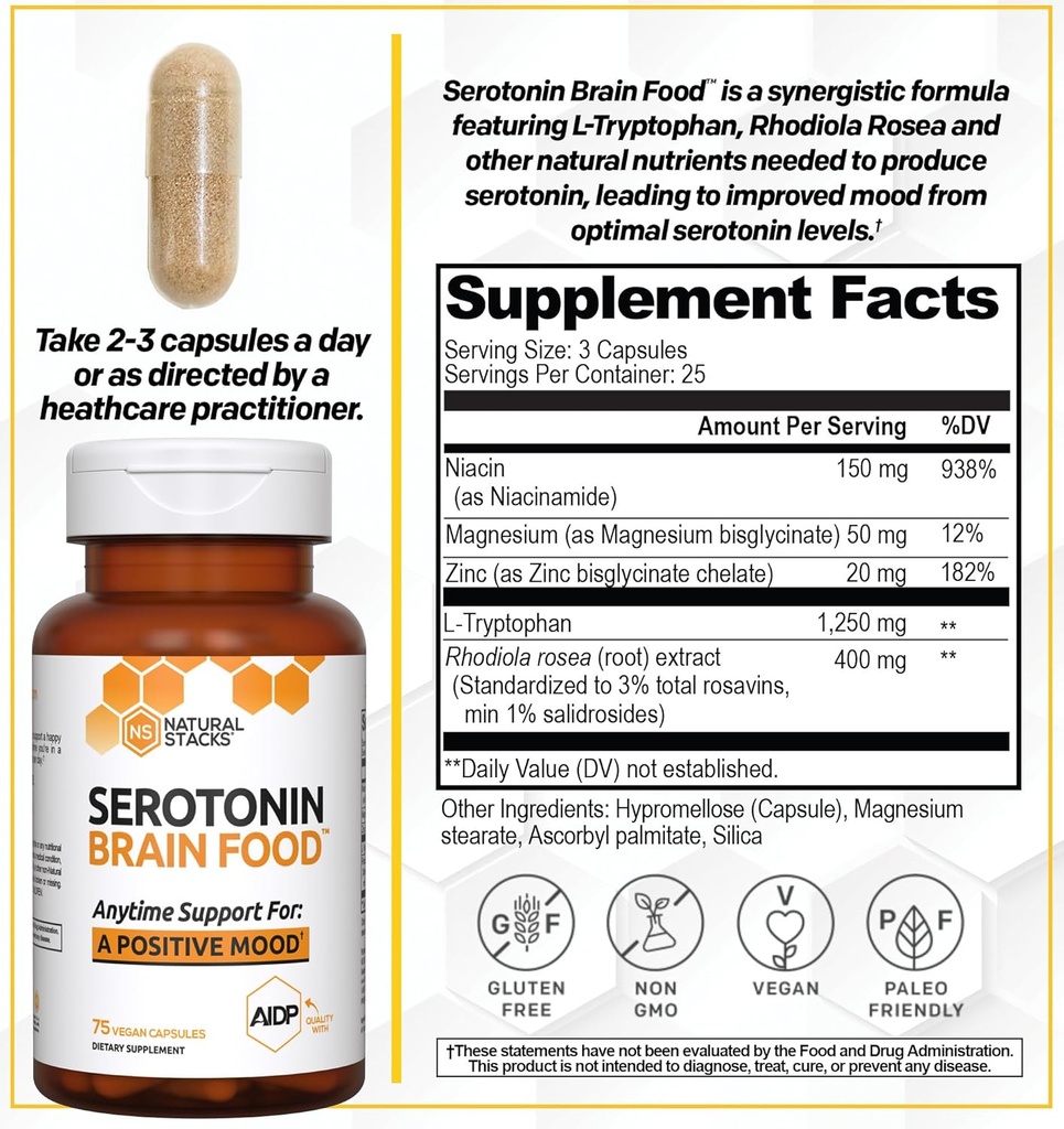 NATURAL STACKS Serotonin Brain Food w/L-Tryptophan & Rhodiola Rosea - Mood Support Supplement - Promotes Positive Mood, Calmness, Stress Relief - Happy Mood & Brain Support Supplement - 75 Capsules 4